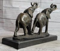 Trumpeting Elephants Bronze Sculpture on Marble Base