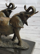 Trumpeting Elephants Bronze Sculpture on Marble Base