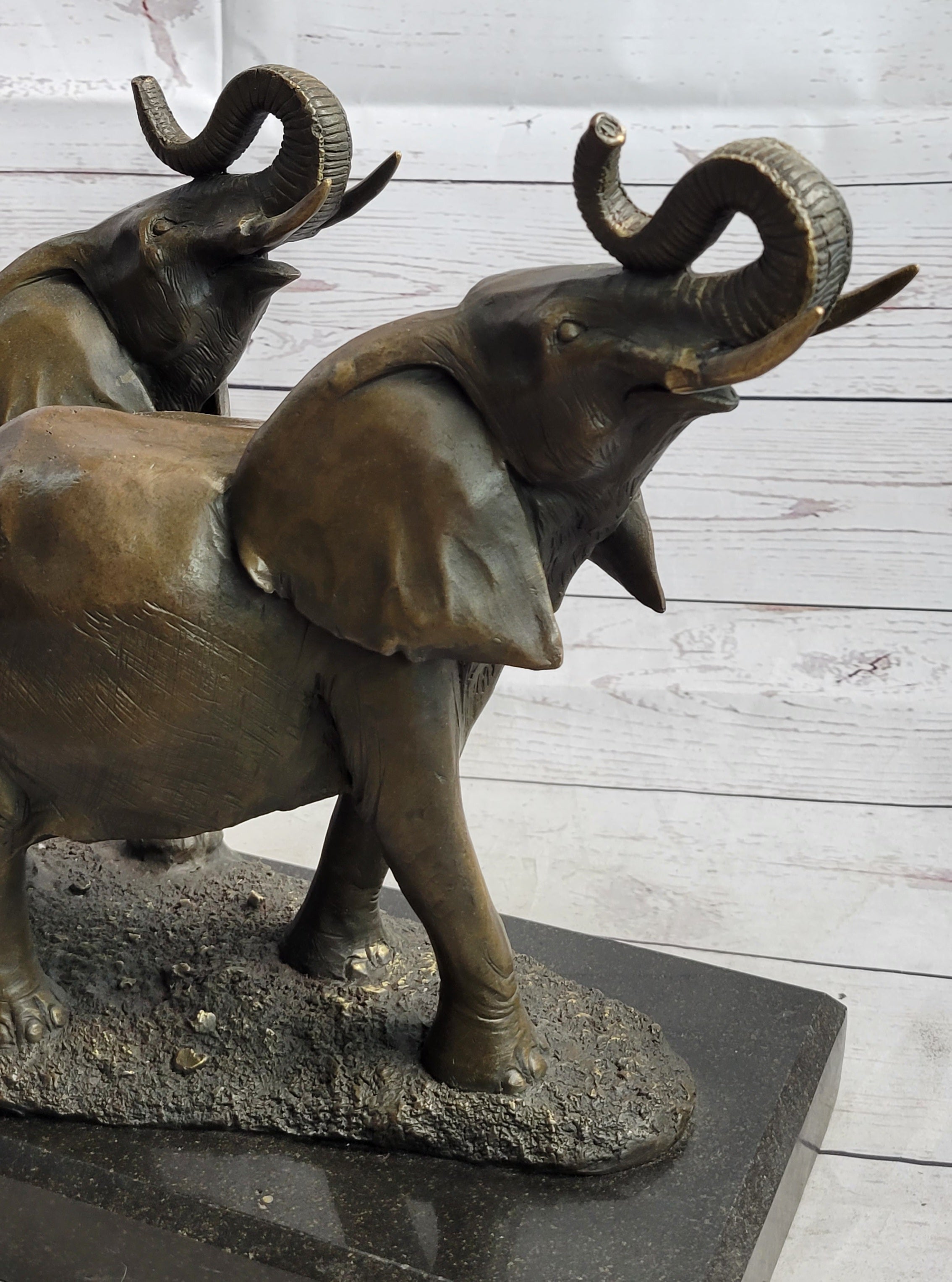 Trumpeting Elephants Bronze Sculpture on Marble Base