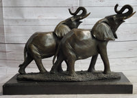 Trumpeting Elephants Bronze Sculpture on Marble Base