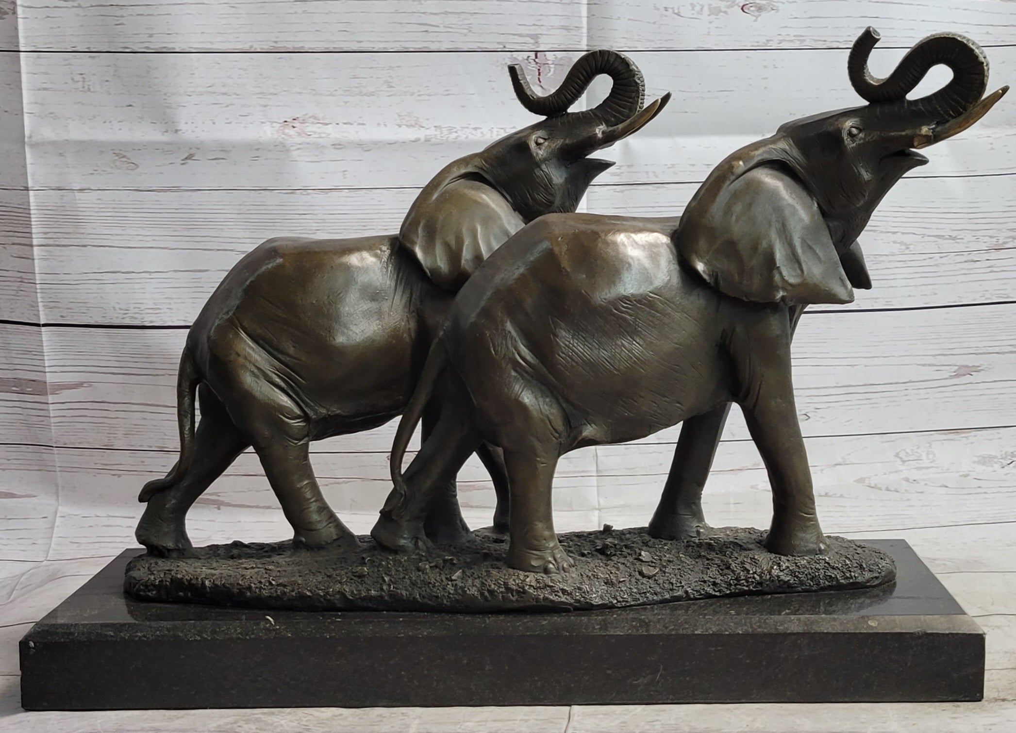 Trumpeting Elephants Bronze Sculpture on Marble Base