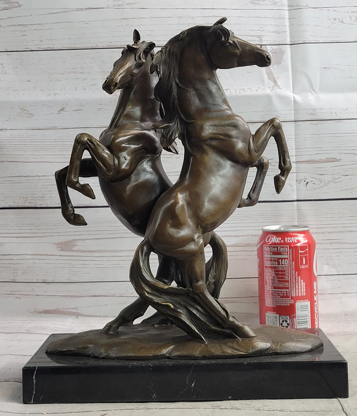 Two Rearing Stallions Bronze Sculpture Signed Art on Marble Base