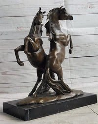 Two Rearing Stallions Bronze Sculpture Signed Art on Marble Base