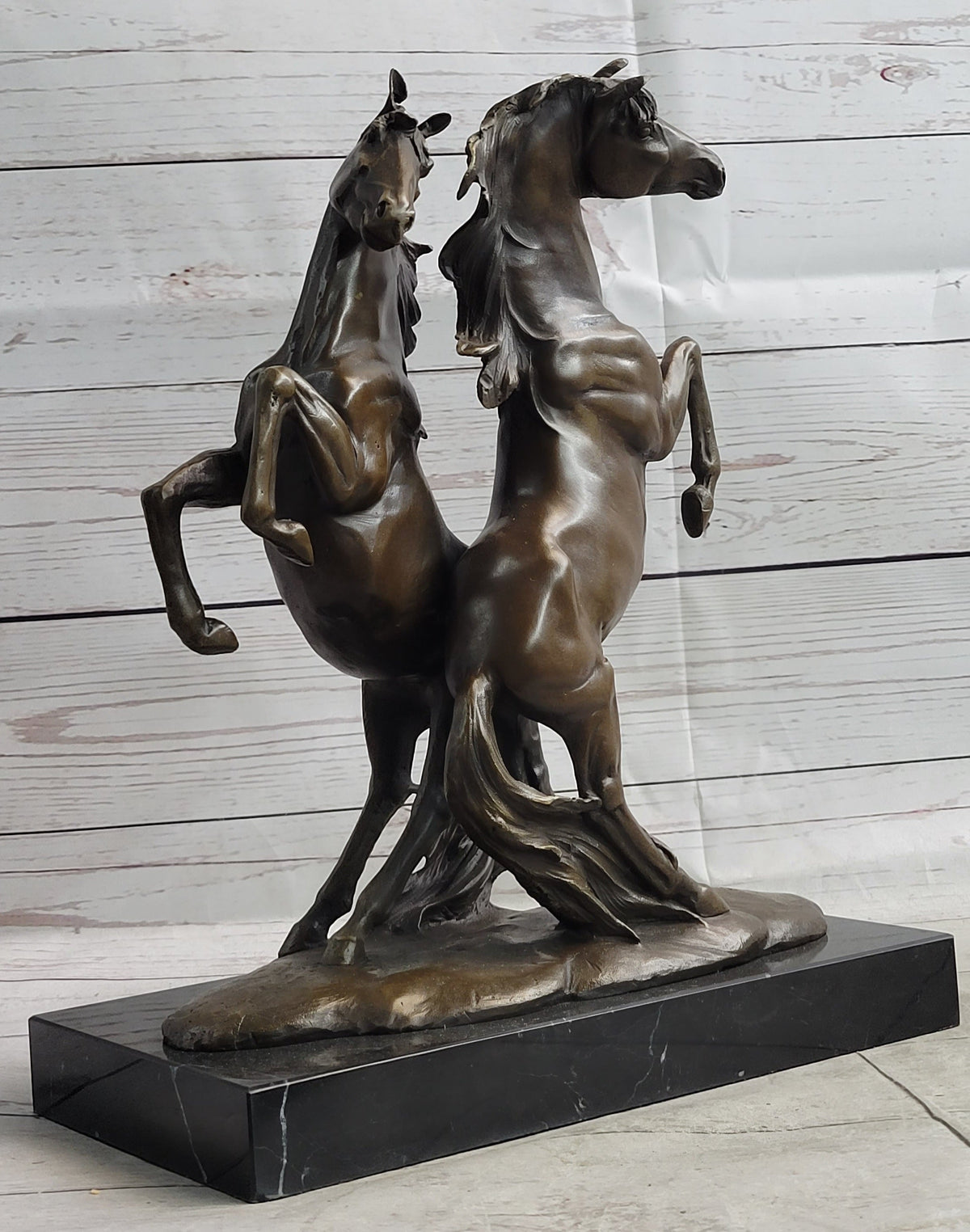 Two Rearing Stallions Bronze Sculpture Signed Art on Marble Base