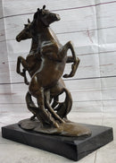 Two Rearing Stallions Bronze Sculpture Signed Art on Marble Base