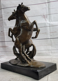 Two Rearing Stallions Bronze Sculpture Signed Art on Marble Base