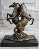Two Rearing Stallions Bronze Sculpture Signed Art on Marble Base