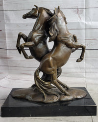 Two Rearing Stallions Bronze Sculpture Signed Art on Marble Base