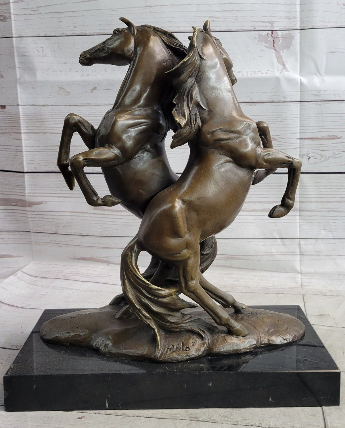 Two Rearing Stallions Bronze Sculpture Signed Art on Marble Base