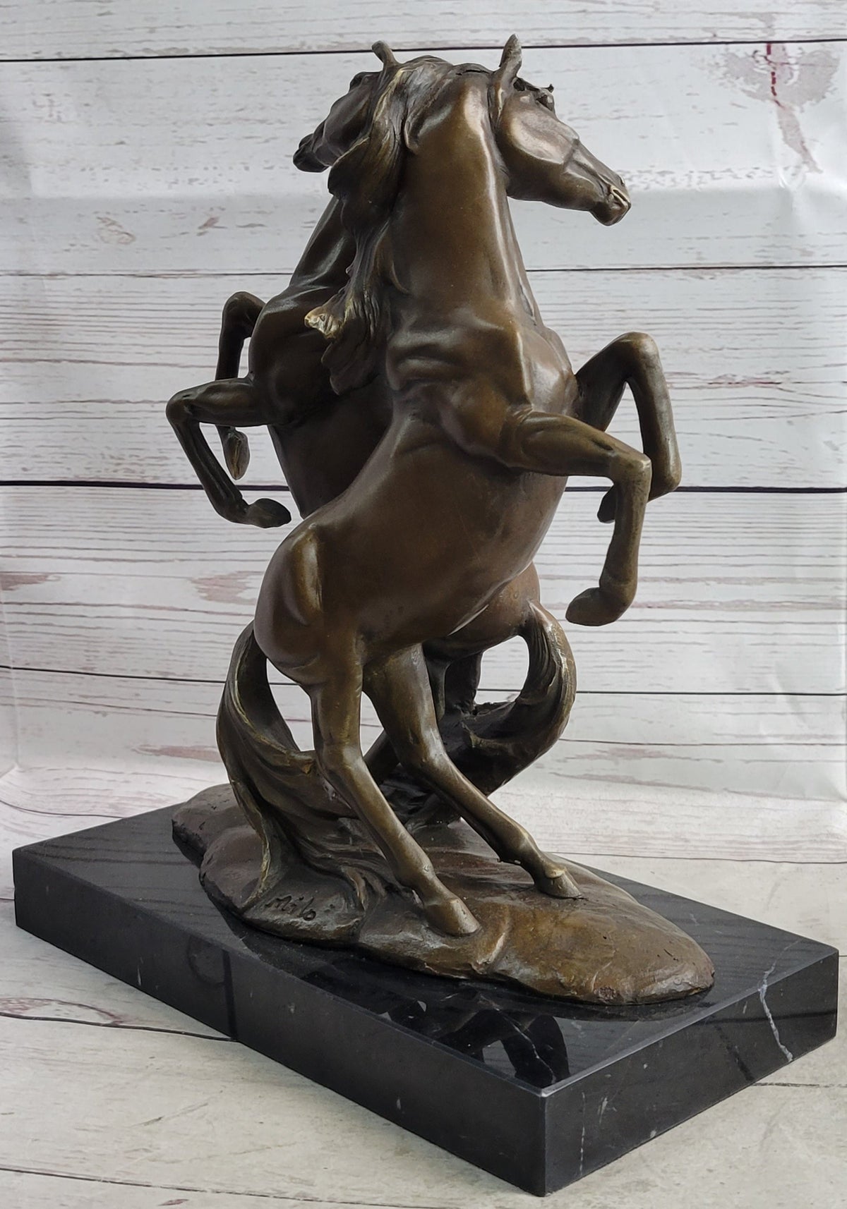 Two Rearing Stallions Bronze Sculpture Signed Art on Marble Base