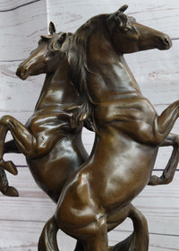 Two Rearing Stallions Bronze Sculpture Signed Art on Marble Base