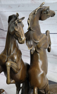 Two Rearing Stallions Bronze Sculpture Signed Art on Marble Base