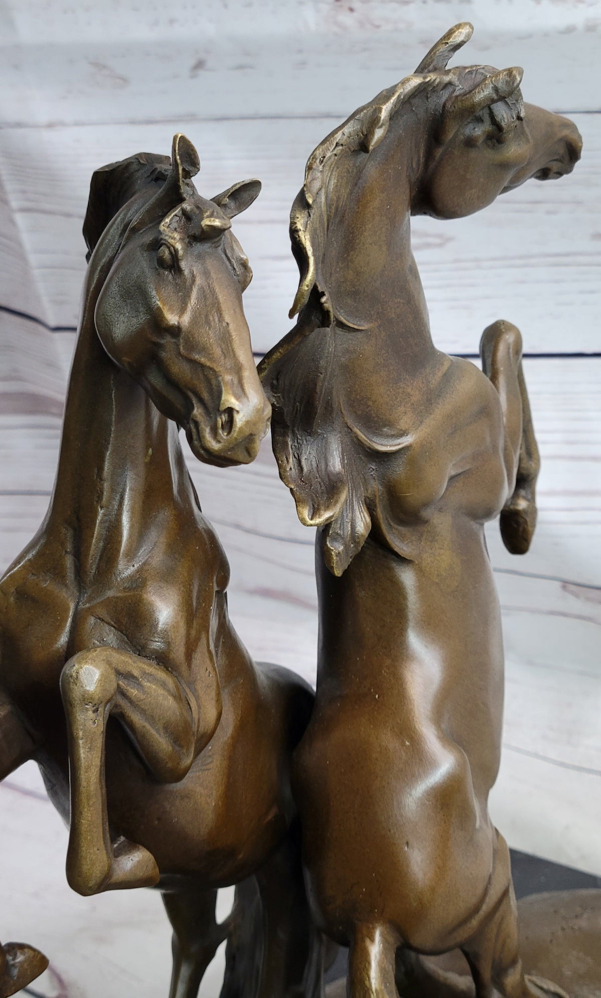 Two Rearing Stallions Bronze Sculpture Signed Art on Marble Base