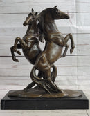 Two Rearing Stallions Bronze Sculpture Signed Art on Marble Base
