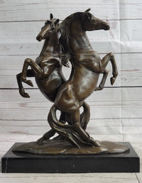 Two Rearing Stallions Bronze Sculpture Signed Art on Marble Base