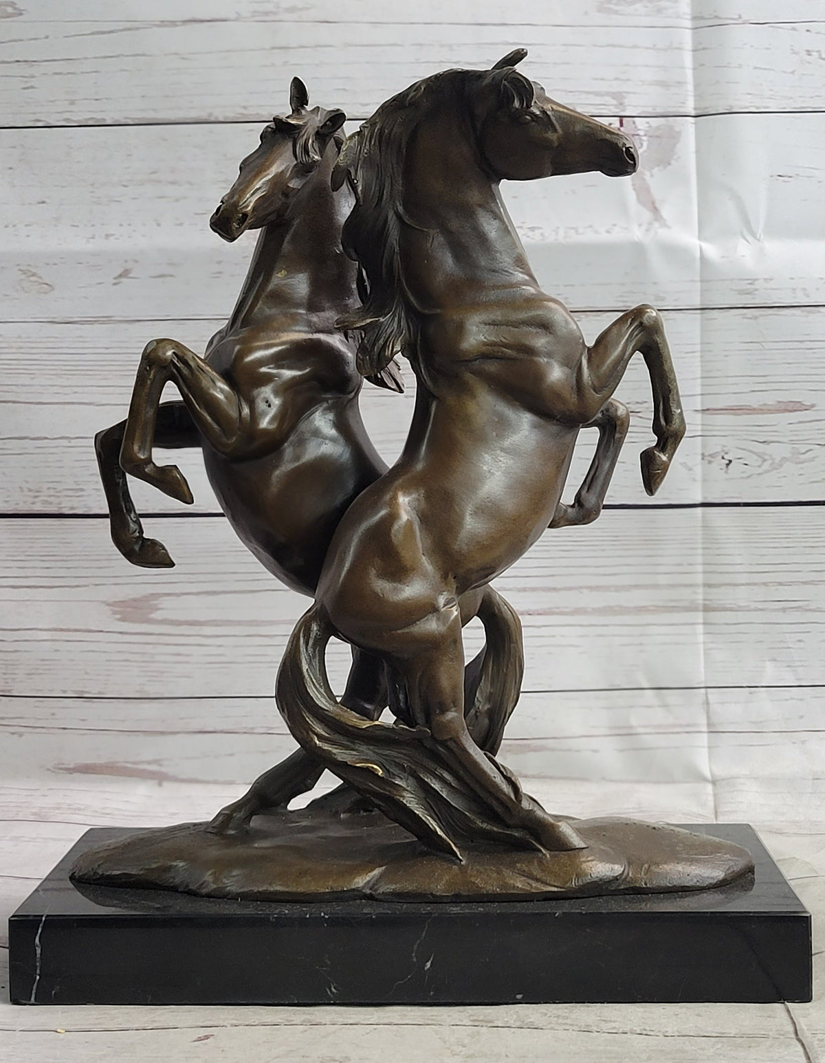 Two Rearing Stallions Bronze Sculpture Signed Art on Marble Base