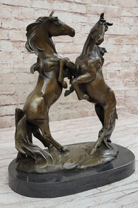 Dueling Stallion Horses Hot Cast Bronze Sculpture on Marble Base