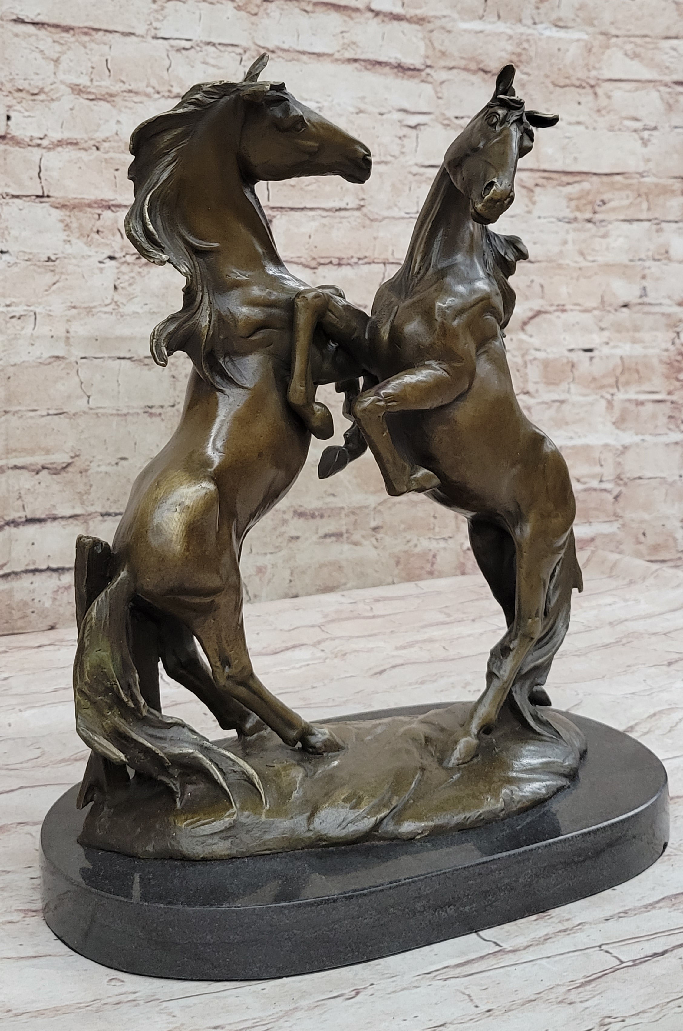 Dueling Stallion Horses Hot Cast Bronze Sculpture on Marble Base