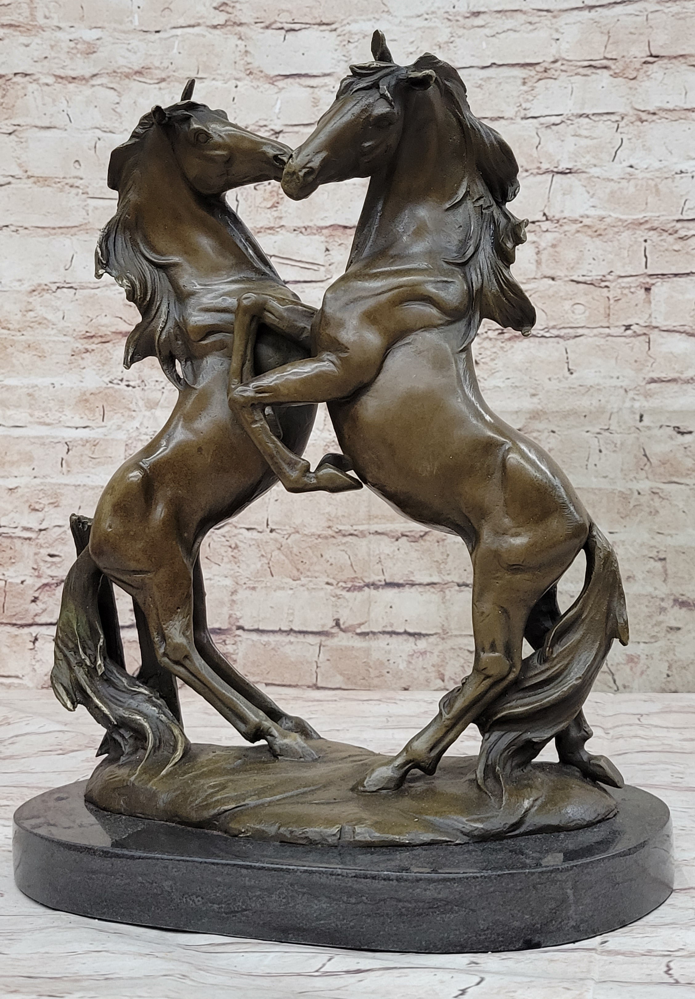 Dueling Stallion Horses Hot Cast Bronze Sculpture on Marble Base