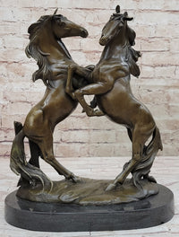 Dueling Stallion Horses Hot Cast Bronze Sculpture on Marble Base