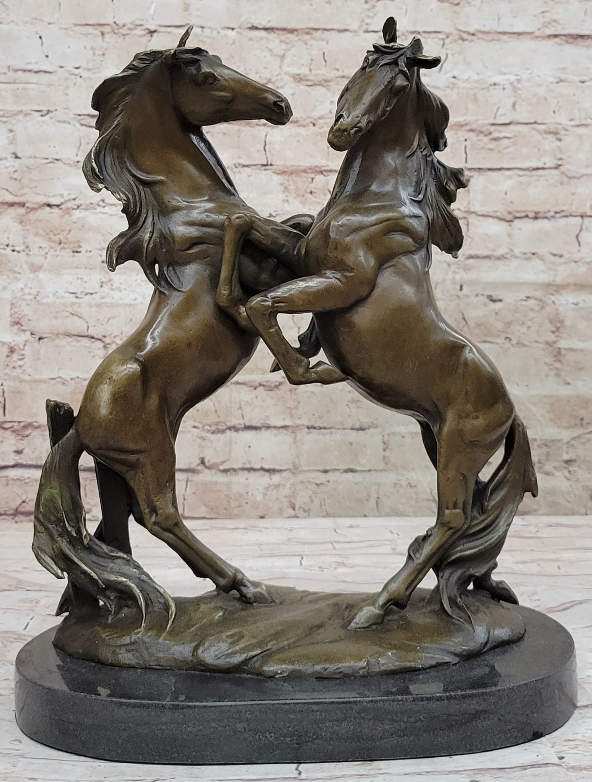 Dueling Stallion Horses Hot Cast Bronze Sculpture on Marble Base