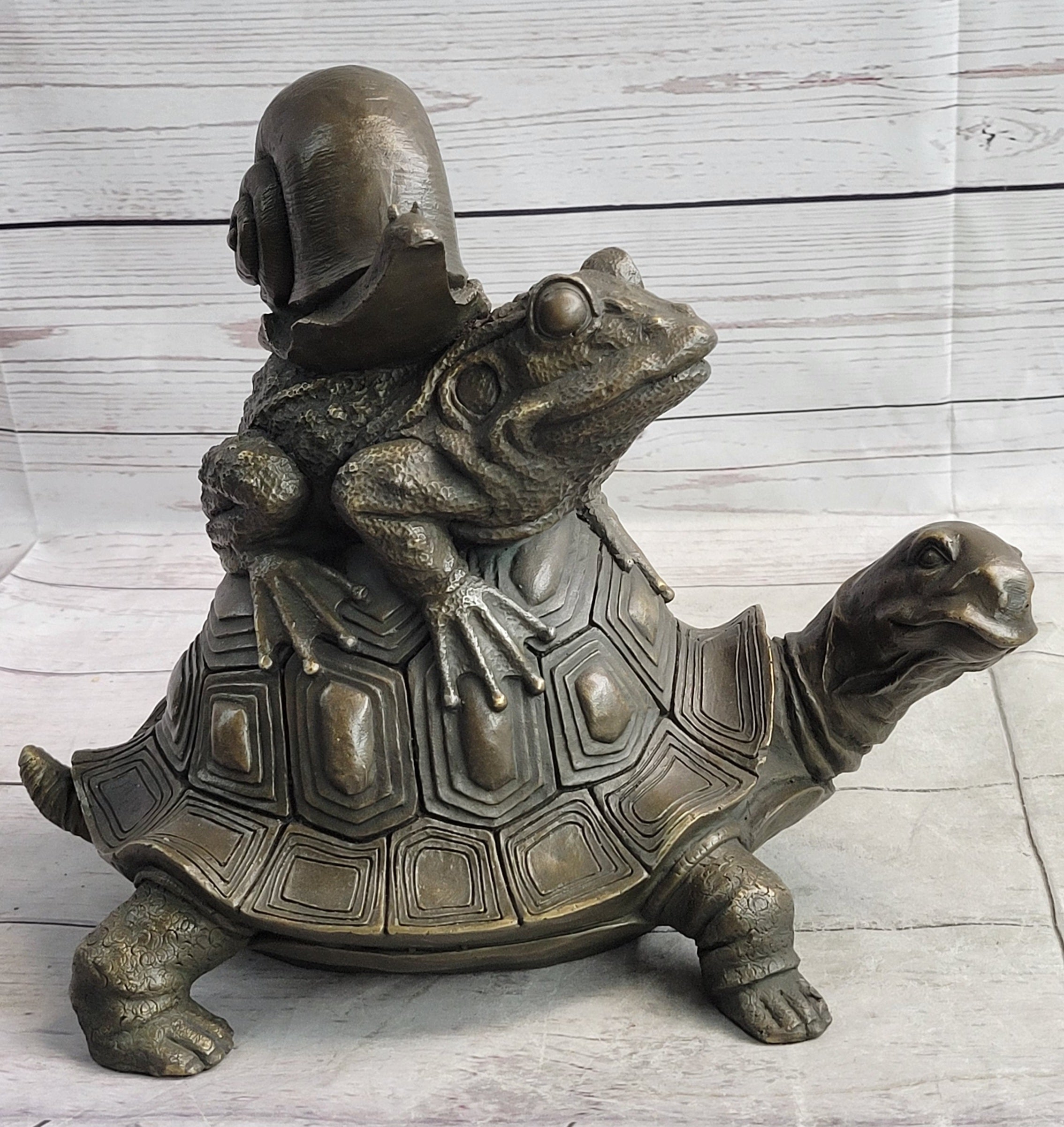 Tortoise Frog & Snail Bronze Metal Sculpture Signed Art