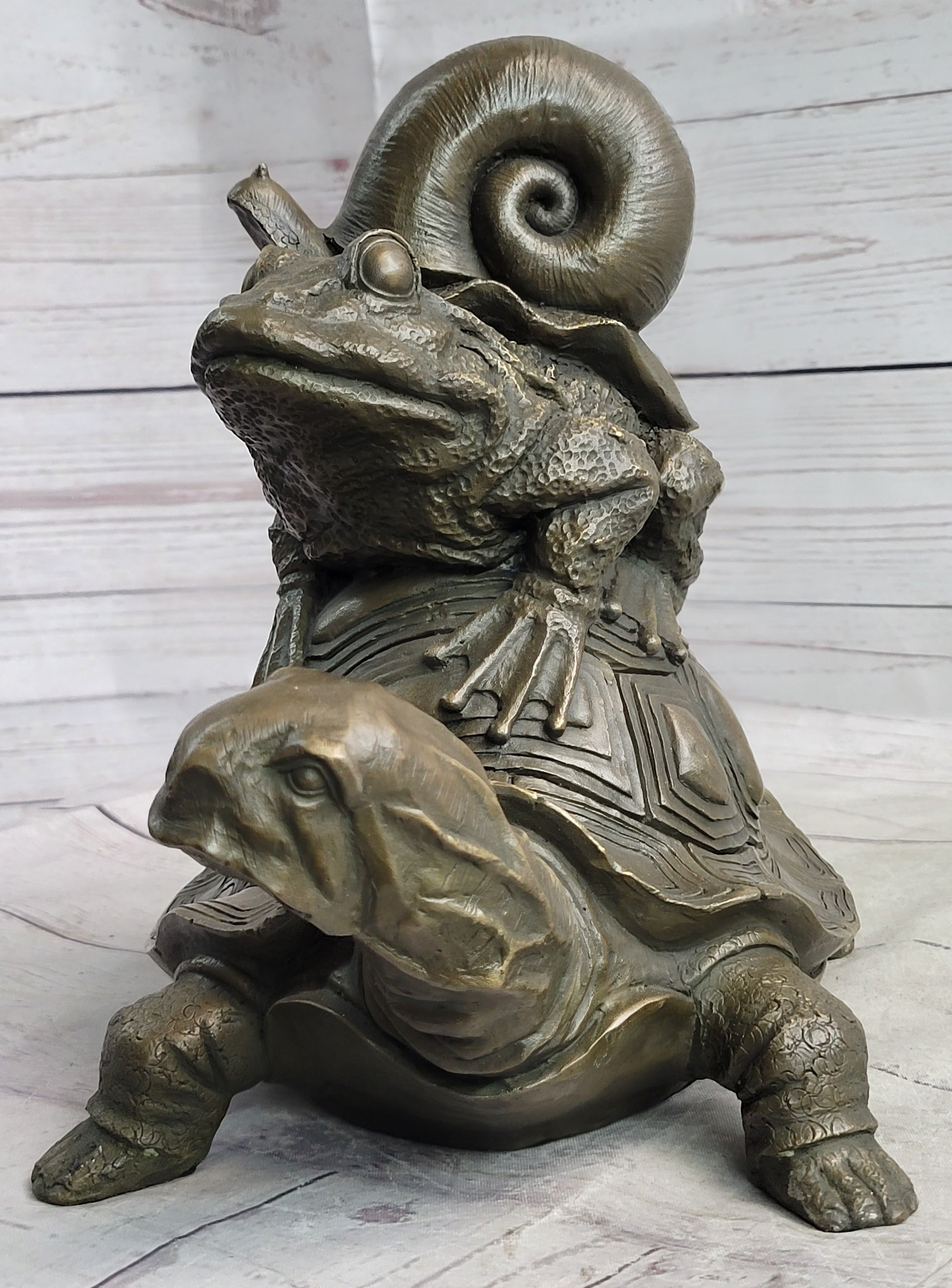 Tortoise Frog & Snail Bronze Metal Sculpture Signed Art