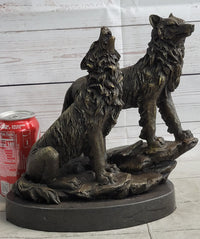 Wolf Pack 2 Wolves Howling Bronze Sculpture by Barye