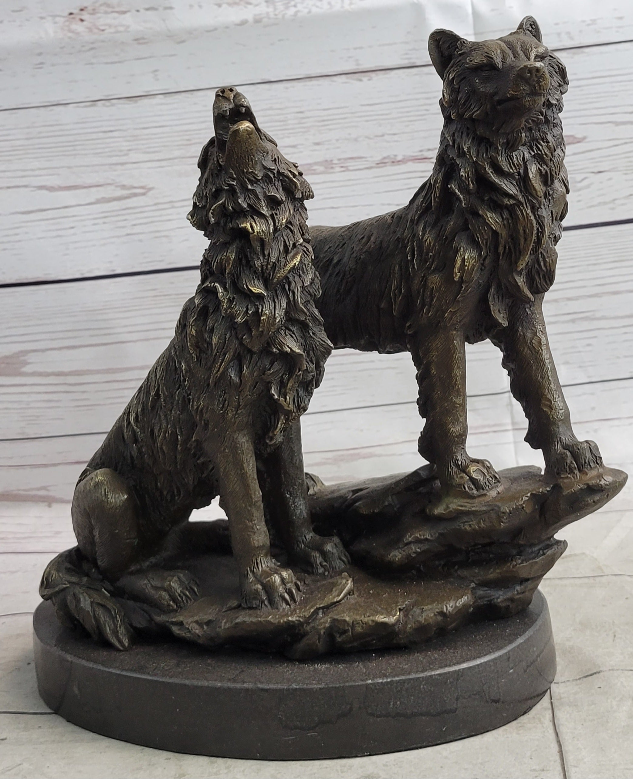 Wolf Pack 2 Wolves Howling Bronze Sculpture by Barye