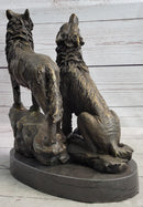 Wolf Pack 2 Wolves Howling Bronze Sculpture by Barye