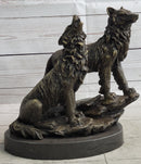 Wolf Pack 2 Wolves Howling Bronze Sculpture by Barye