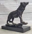 Howling Wolf Bronze Sculpture Signed Art on Marble Base