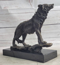 Howling Wolf Bronze Sculpture Signed Art on Marble Base