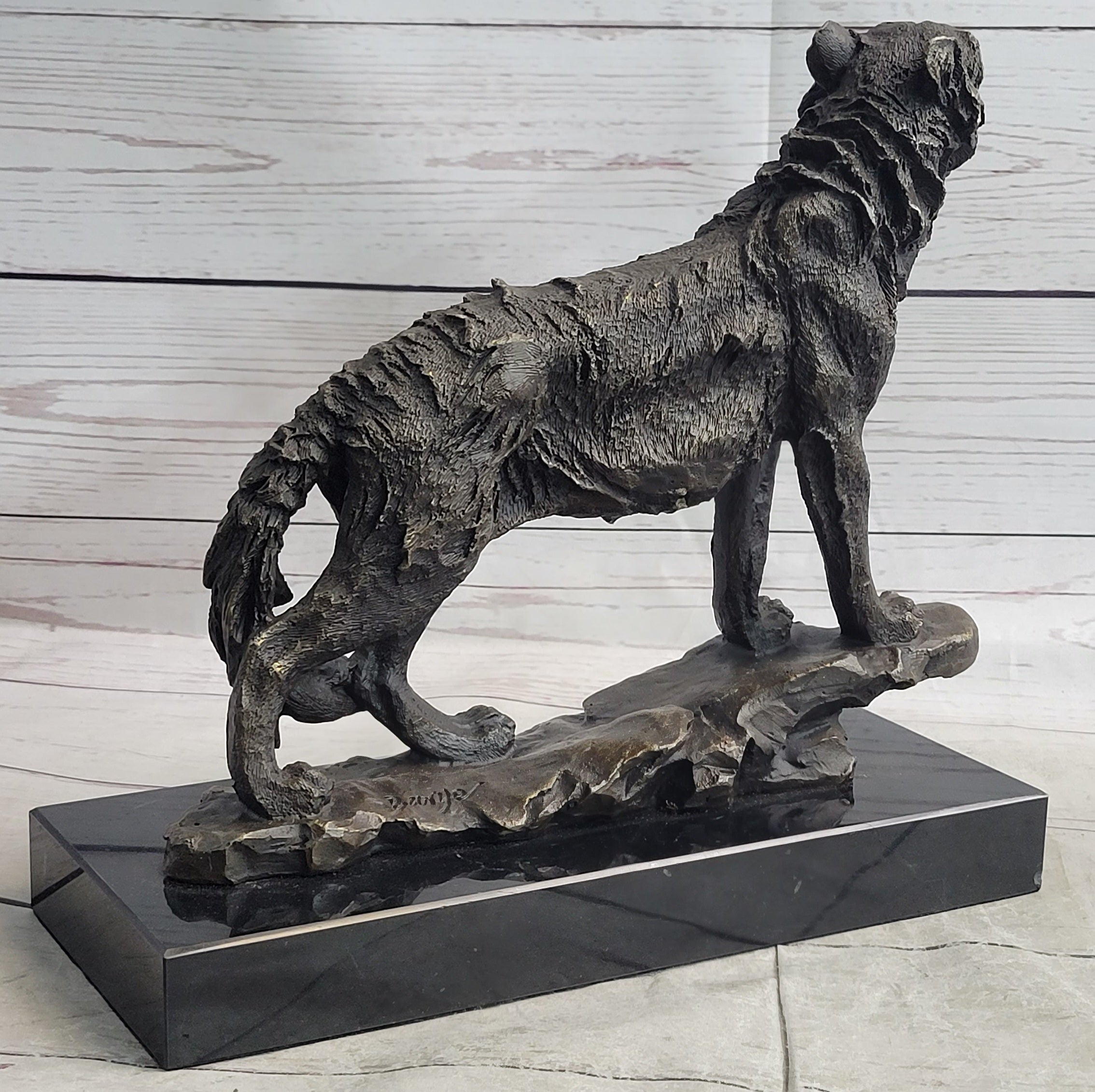 Howling Wolf Bronze Sculpture Signed Art on Marble Base