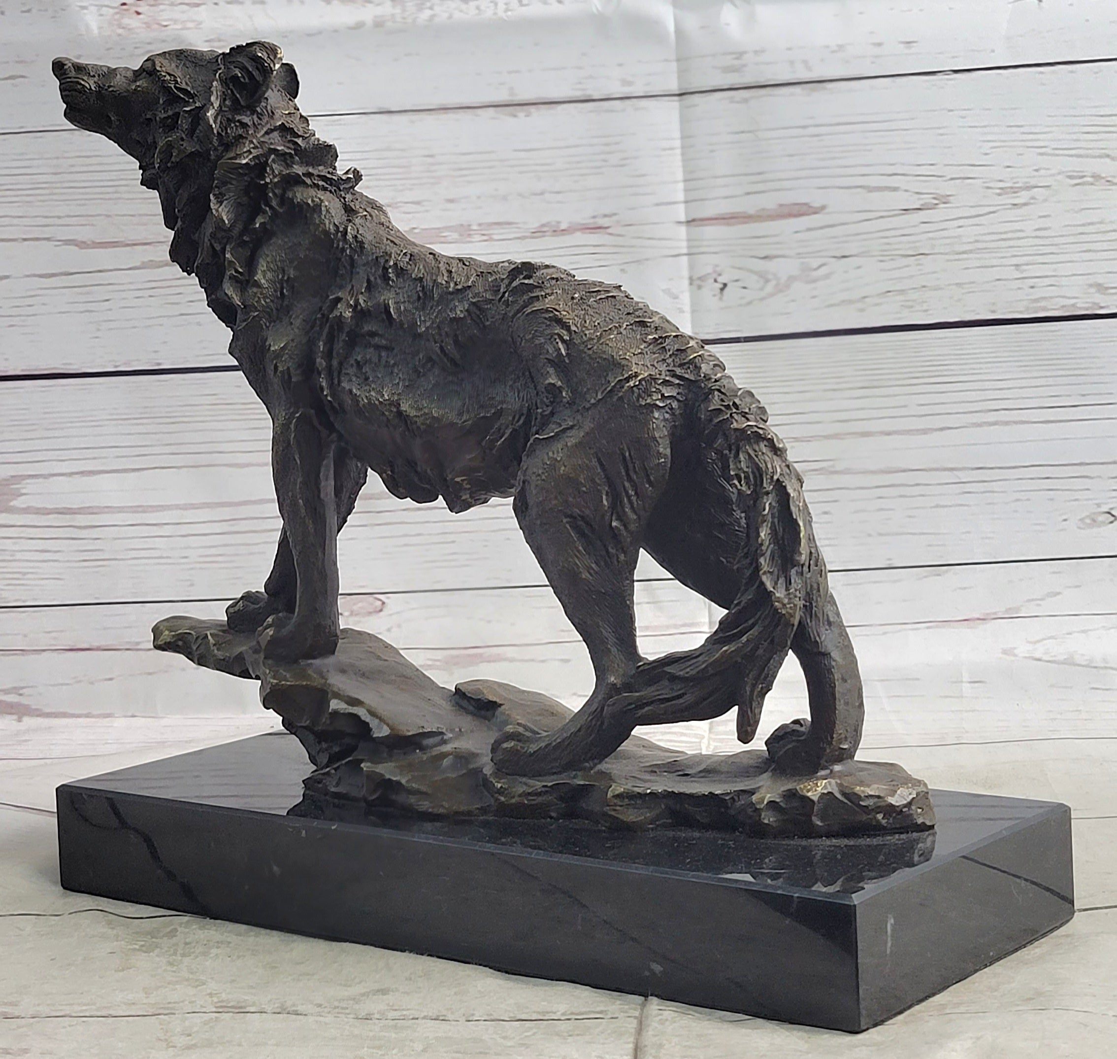 Howling Wolf Bronze Sculpture Signed Art on Marble Base