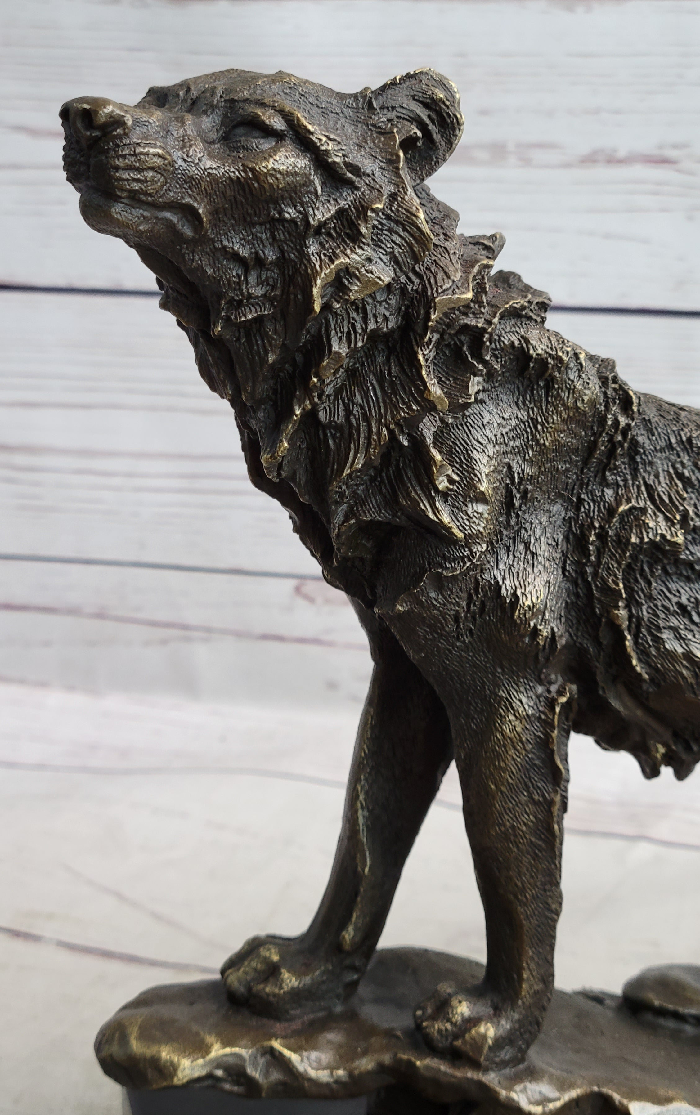 Howling Wolf Bronze Sculpture Signed Art on Marble Base