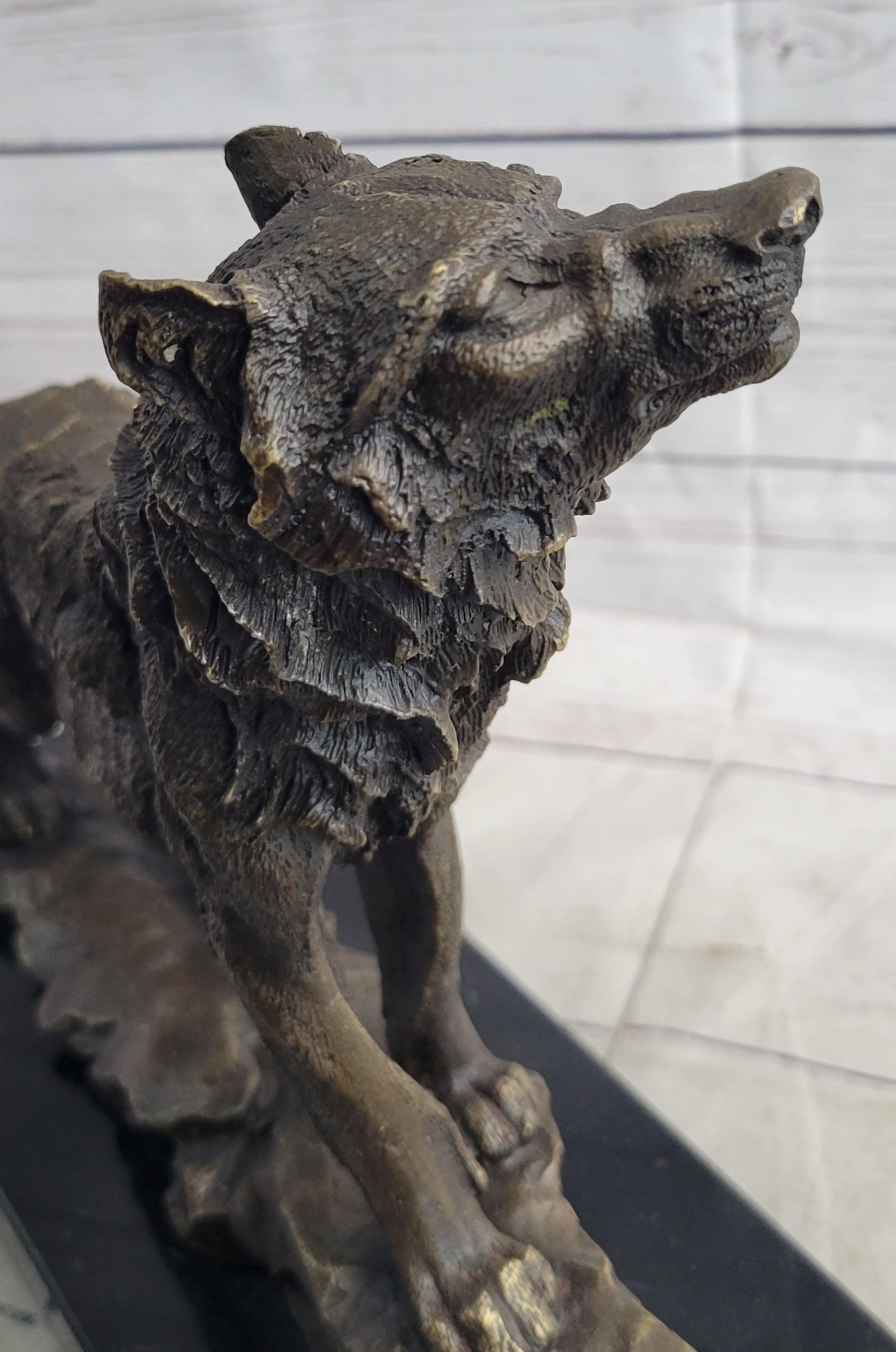 Howling Wolf Bronze Sculpture Signed Art on Marble Base