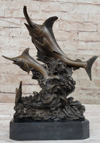 Bronze Sculpture of Marlin Sailfish Jumping on Marble Base