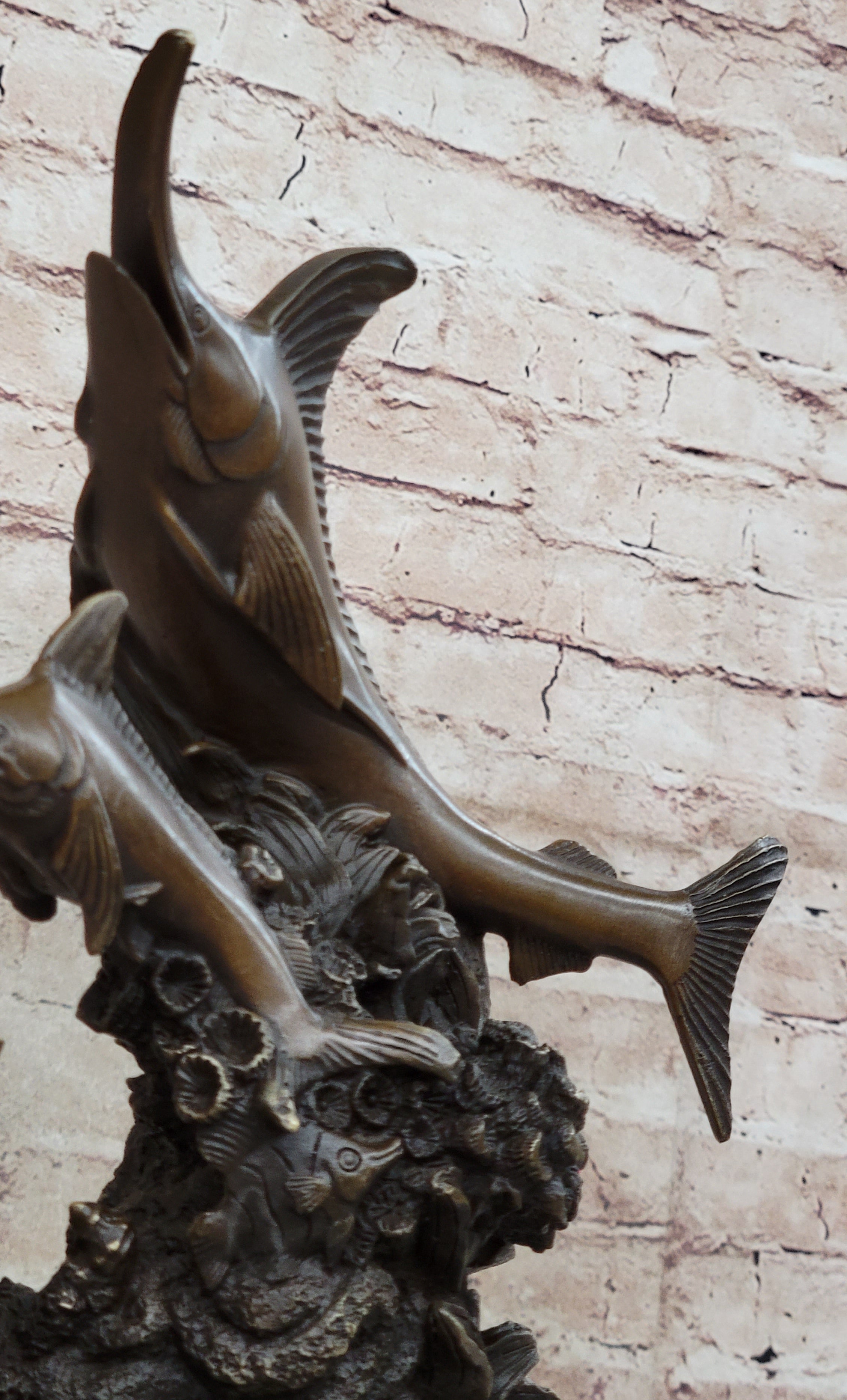 Bronze Sculpture of Marlin Sailfish Jumping on Marble Base