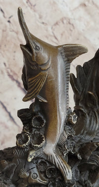 Bronze Sculpture of Marlin Sailfish Jumping on Marble Base