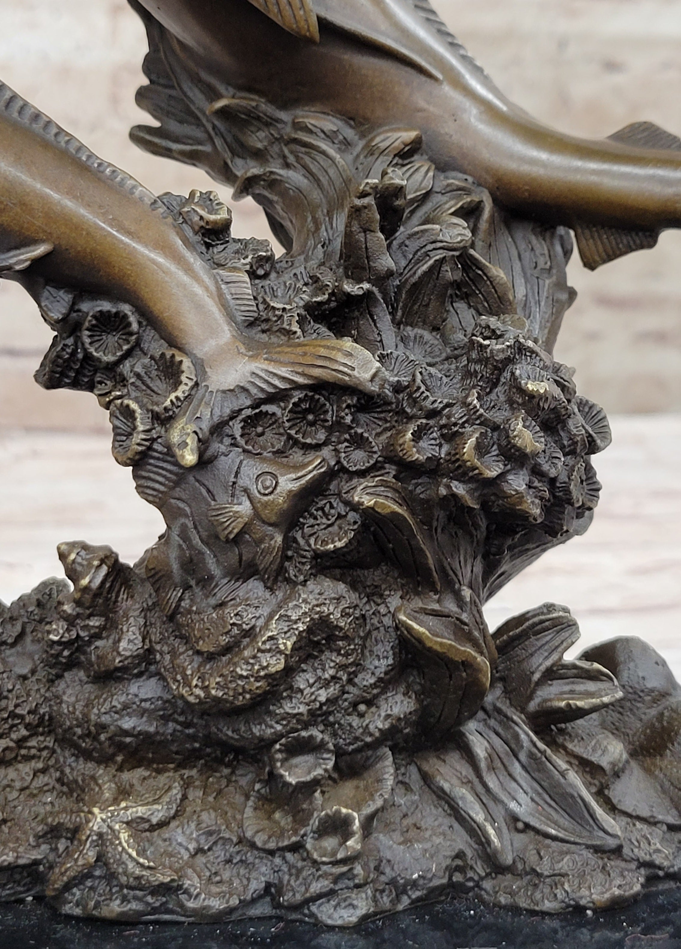 Bronze Sculpture of Marlin Sailfish Jumping on Marble Base
