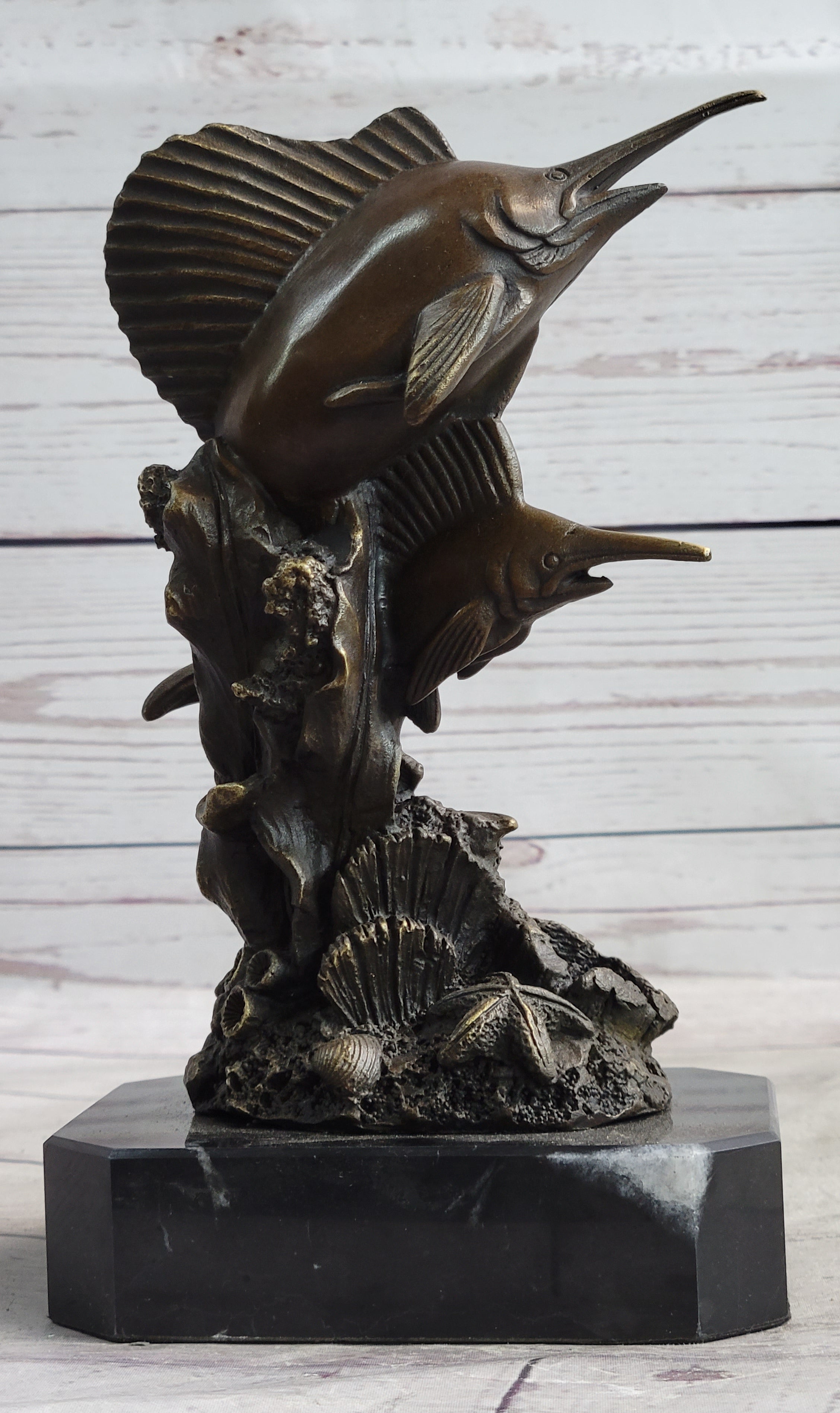 Marlins Sailfish Swordfish Jumping Out of Ocean Bronze Sculpture