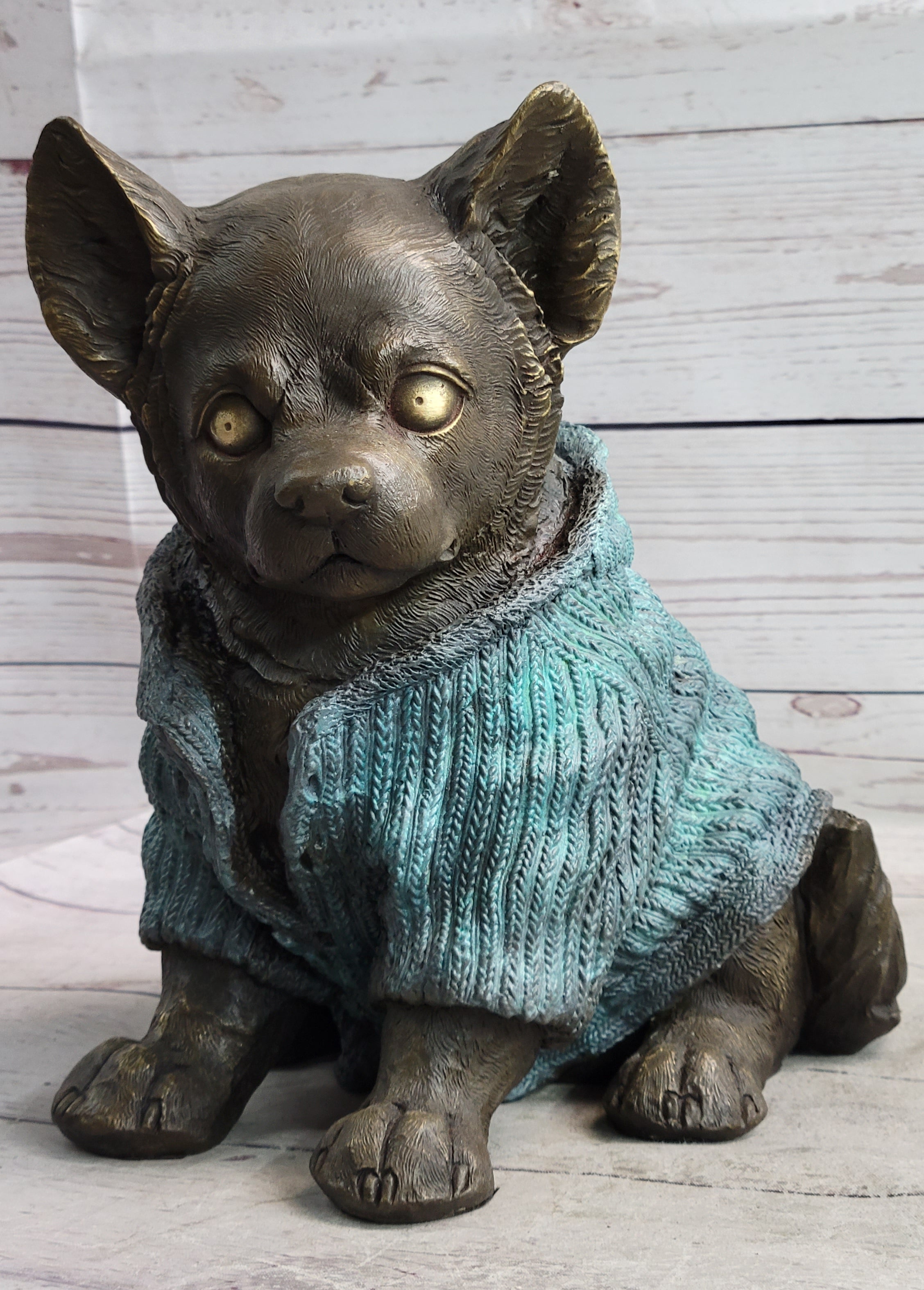 Chihuahua Puppy Dog Wearing Blue Sweater Bronze Metal Sculpture