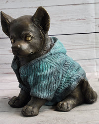Chihuahua Puppy Dog Wearing Blue Sweater Bronze Metal Sculpture