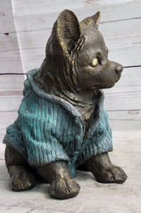 Chihuahua Puppy Dog Wearing Blue Sweater Bronze Metal Sculpture