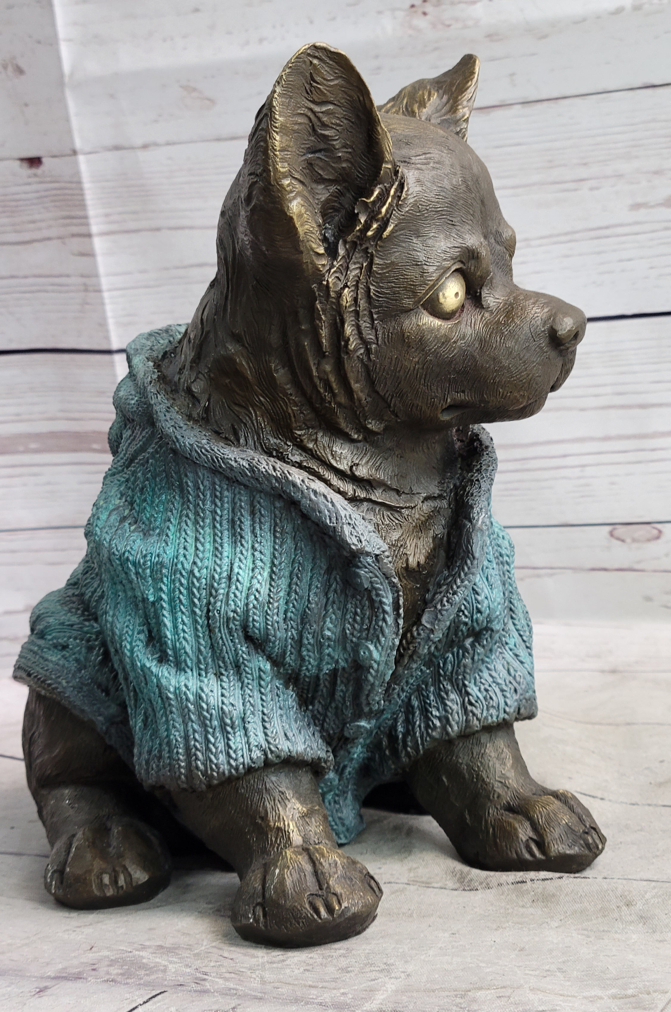 Chihuahua Puppy Dog Wearing Blue Sweater Bronze Metal Sculpture