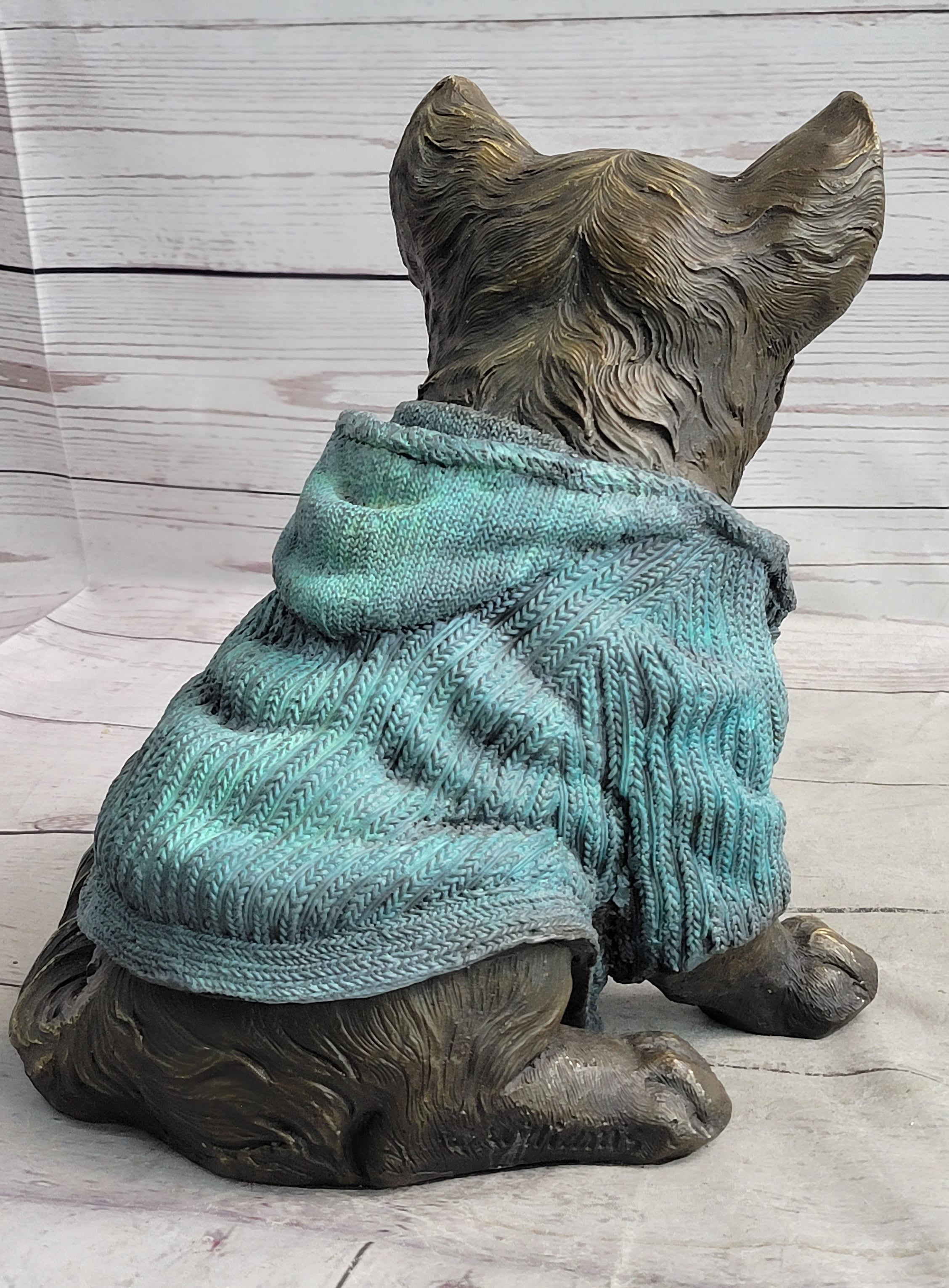 Chihuahua Puppy Dog Wearing Blue Sweater Bronze Metal Sculpture