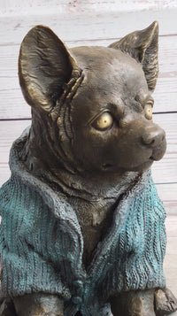 Chihuahua Puppy Dog Wearing Blue Sweater Bronze Metal Sculpture