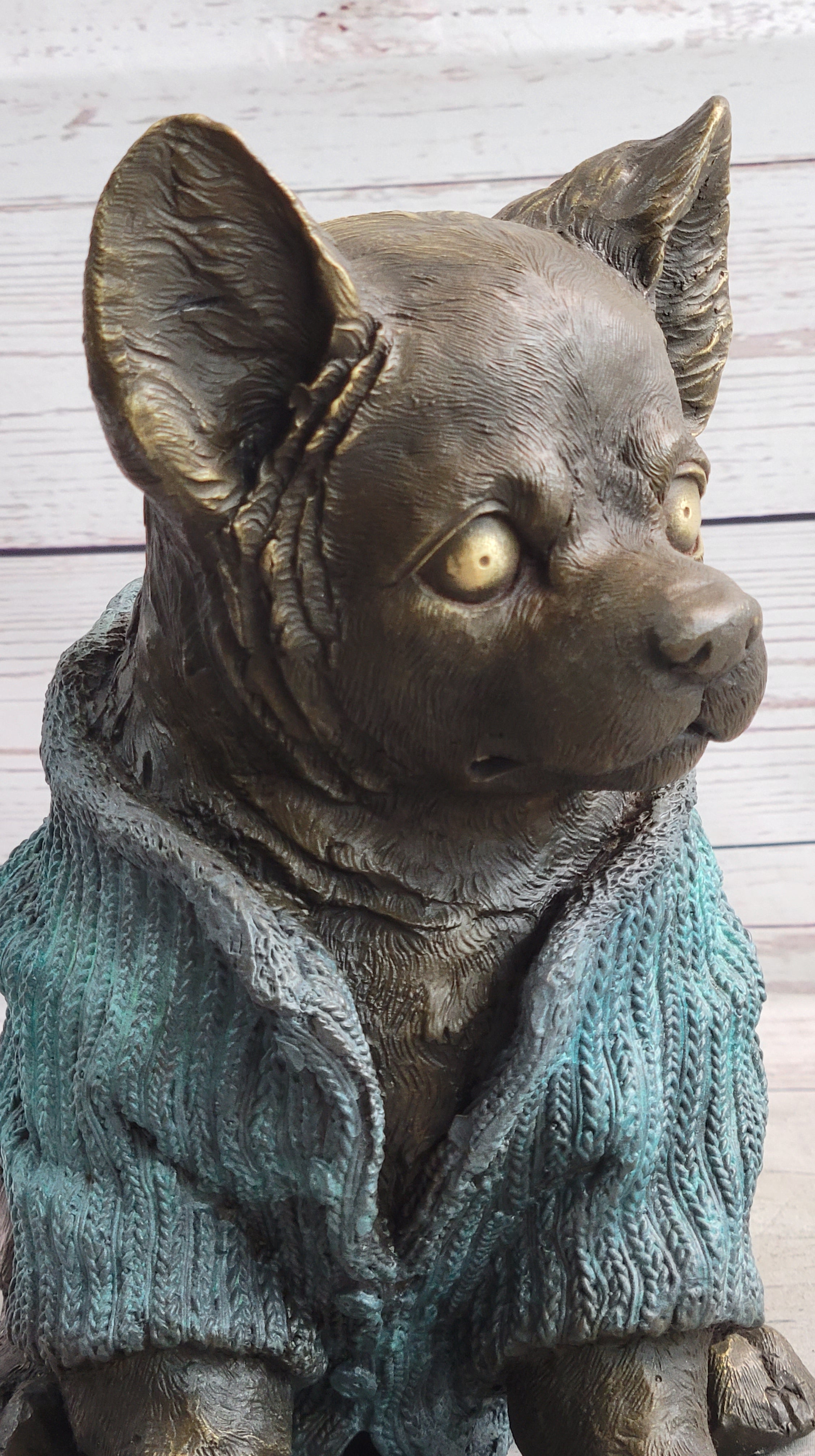Chihuahua Puppy Dog Wearing Blue Sweater Bronze Metal Sculpture