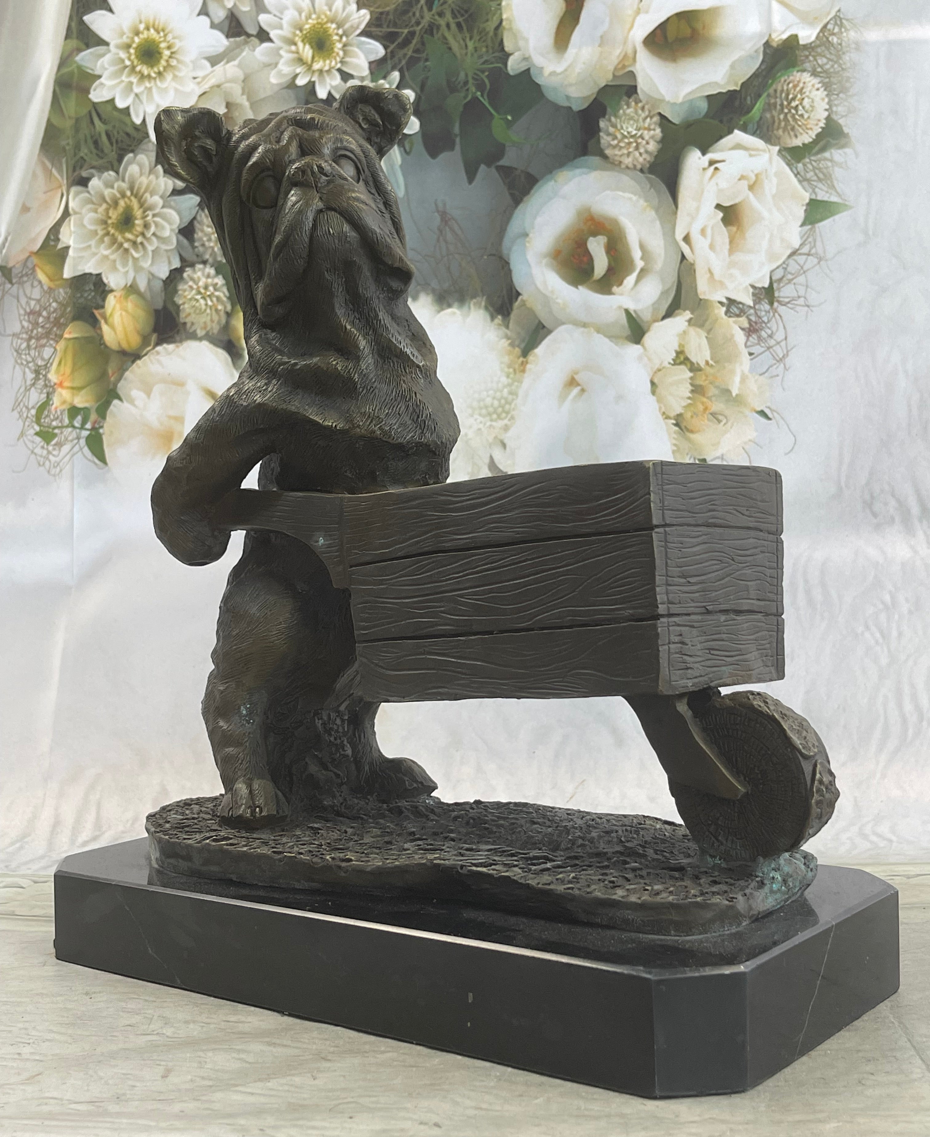 English Bulldog Wheelbarrow Bronze Planter Dish 12" x 12"
